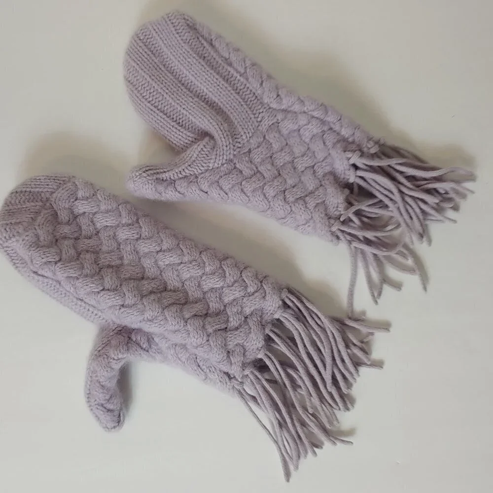 Vintage Cashmere‎ Mittens Gloves Knit Purple Lavender Fringe Boho Scandi Girl